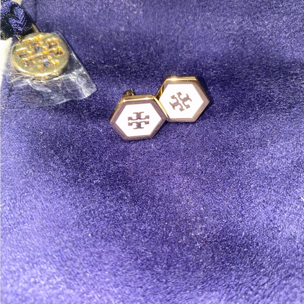 Tory Burch Hexagon Logo Ivory Stud Earrings